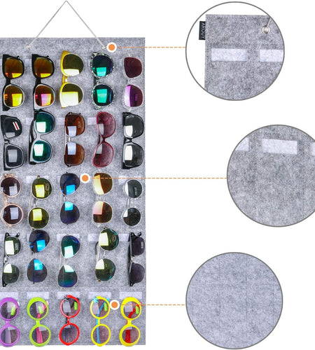 Sunglasses Organizer Storage, Hanging Wall Pocket Glasses Organizer - 25 Felt Slots Sunglass Organizer Holder Eyeglass Display with Sturdy Rope (Gray, Large)