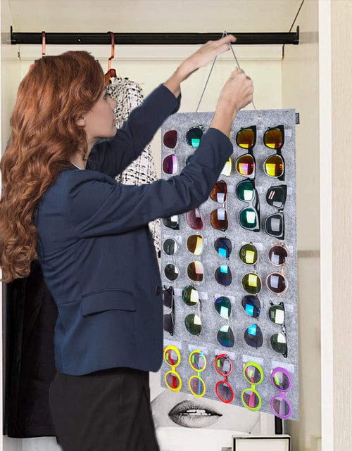 Load image into Gallery viewer, Sunglasses Organizer Storage, Hanging Wall Pocket Glasses Organizer - 25 Felt Slots Sunglass Organizer Holder Eyeglass Display with Sturdy Rope (Gray, Large)
