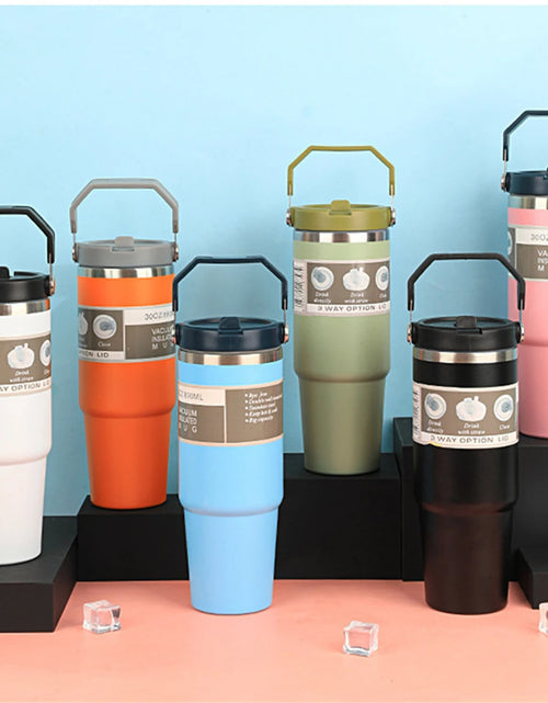 Load image into Gallery viewer, 1pc Vacuum Tumbler with Lid Stainless Steel Portable Water Bottle with Dazzling Handle Insulated Tumbler Tote Handle 20/30OZ
