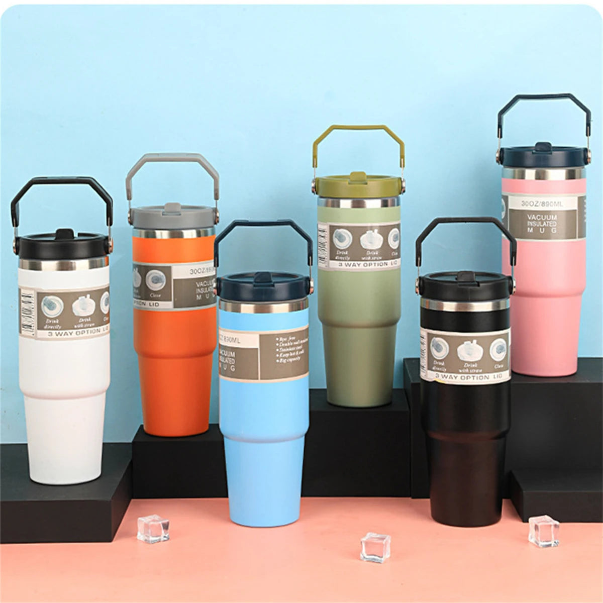 1pc Vacuum Tumbler with Lid Stainless Steel Portable Water Bottle with Dazzling Handle Insulated Tumbler Tote Handle 20/30OZ
