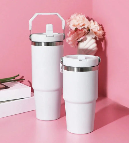 1pc Vacuum Tumbler with Lid Stainless Steel Portable Water Bottle with Dazzling Handle Insulated Tumbler Tote Handle 20/30OZ