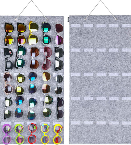 Sunglasses Organizer Storage, Hanging Wall Pocket Glasses Organizer - 25 Felt Slots Sunglass Organizer Holder Eyeglass Display with Sturdy Rope (Gray, Large)